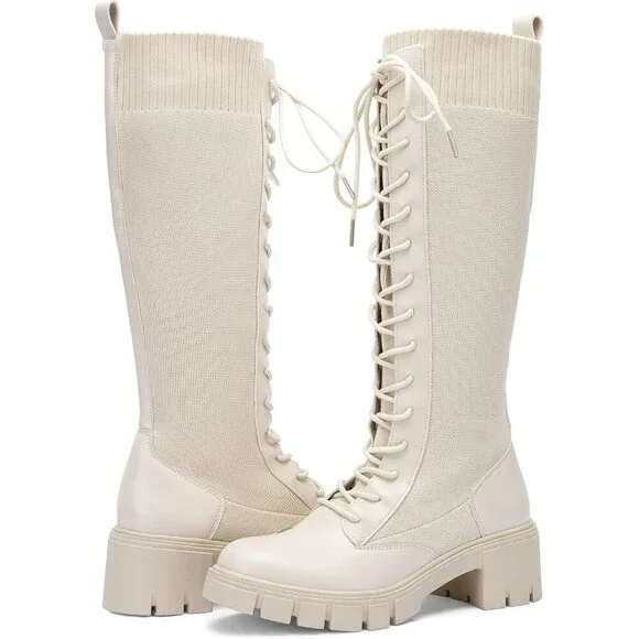 Women's Beige 953 Chunky Platform Heel Lace Gothic Knee High Combat Boots