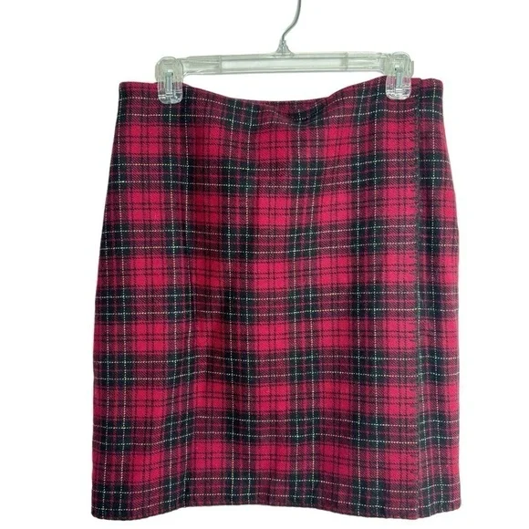 Eddie Bauer Size 8 Tartan Plaid Faux Wrap Skirt Wool Red and Black Fully Lined