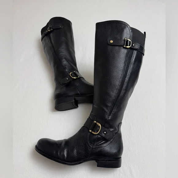 Naturalizer Jersey Black Leather Riding Boots With Gold Buckles Size 8.5 Grunge