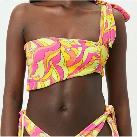 Frankies Bikinis Top Womens L Pink Yellow Terry Cloth Psychedelic Retro Flawed*