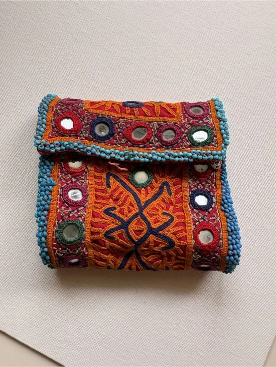Handcrafted Embroidered Orange & Turquoise Women's Wallet Clutch