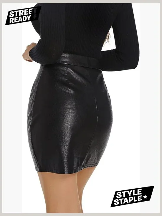 High Waisted Mini Faux Leather Skirt Front Slit Bodycon Zip