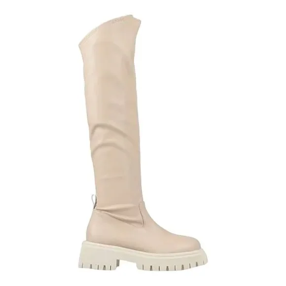 Beige Above Knee Tall Chunky Heel Combat Boots NEW
