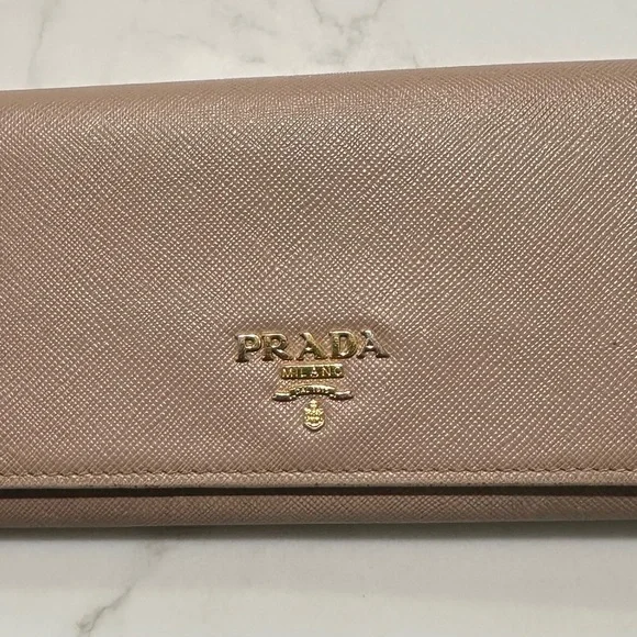 Prada Tan Saffiano Leather Wallet with Gold Logo