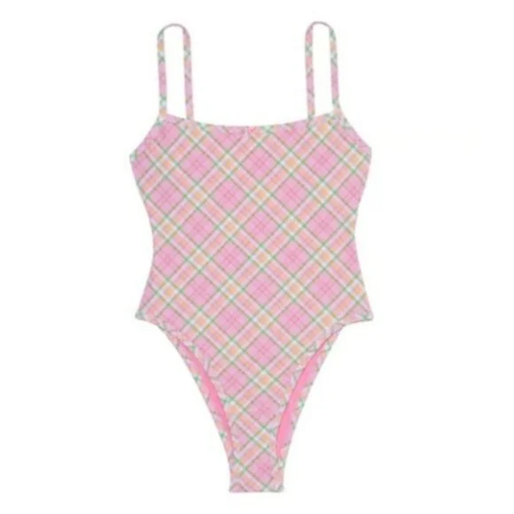 New!Pink X Frankies Bikini‎ August One Piece Swimsuit Strawberry Plaid