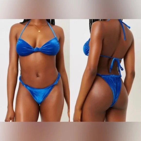 FRANKIES BIKINIS Gabe blue velvet halter top / cheeky bottoms bikini ( 2…