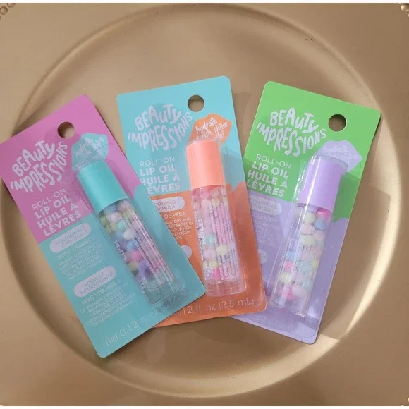 Beauty Impressions Roll-On Lip Oil 3pc Set Vitamin E Aloe Collagen 0.12oz Each