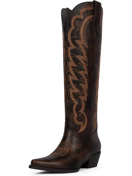 Women's Chocolate Cowboy Knee High Boots Pointed Wide Calf Chunky Heel Cowgirl