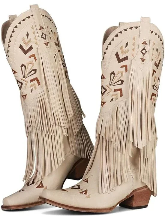 Women's Beige Cowgirl Knee High Fringe Boots Rubber Fleece Microfiber
