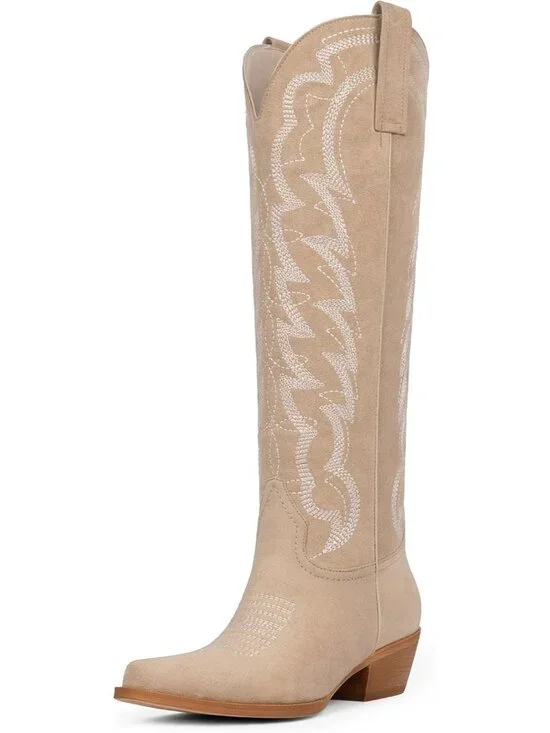 Women's Suede Beige Cowboy Knee High Boots Pointed Wide Calf Chunky Heel Cowgirl