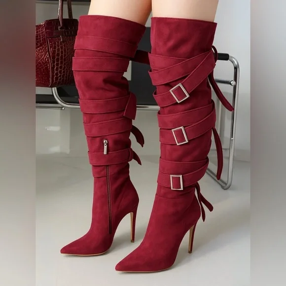CAPE ROBBIN 🔥 Katey Buckle Suede Wrap Over-the-Knee Boots - Burgundy 🔥 Size 9