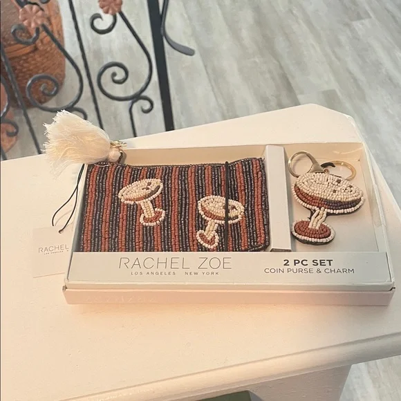 Rachel Zoe Espresso Martini Beaded Striped Coin Purse and Key Ring Charm Set