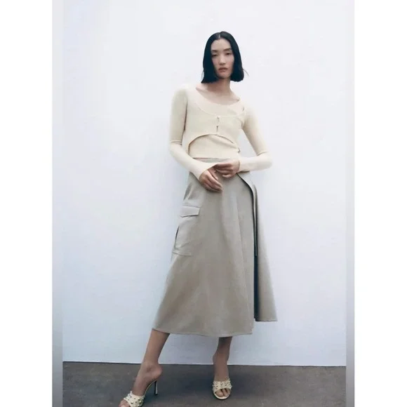 Zara‎ Women Beige Cargo Wrap Midi Skirt High Waist D-Ring Belt Size Small
