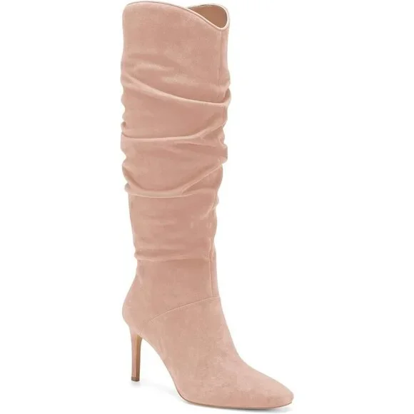 WomenFaux SuedeLight Pink Knee High Almond Toe Side Zipper Stiletto Heel Booties