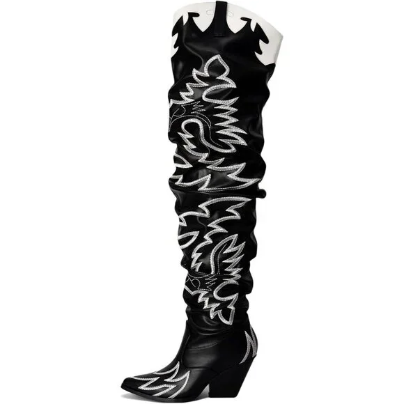 Women Pu Black Faux Leather Over The Knee Cowgirl Chunky Block Heel Fashion Boot