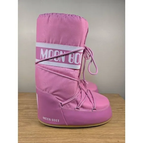 Moon Boot Icon Nylon Pink Women’s Snow Boots Size 12.5 Tall Lace Up Après-Ski