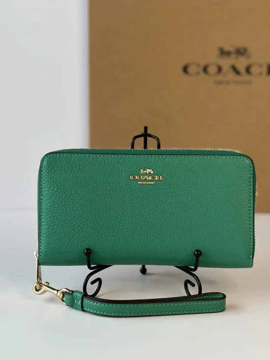 COACH Green Pebbled Leather Long Zip Around Wallet with Gold Hardware