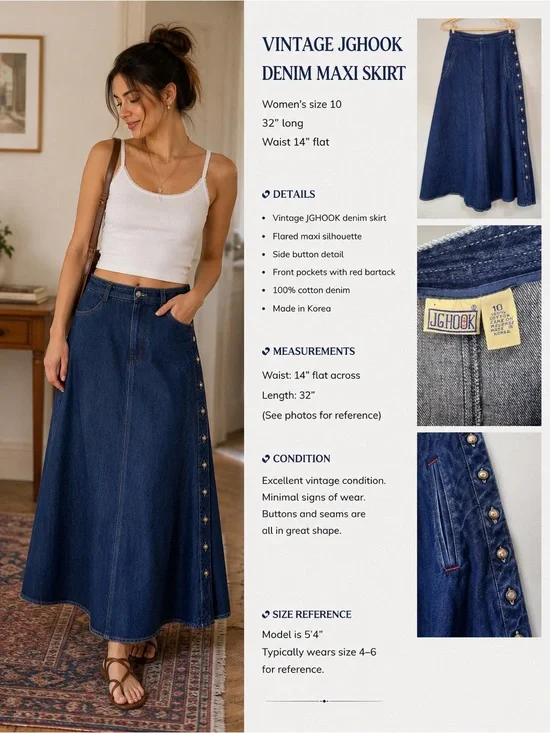JGHOOk Vintage Dark Blue Denim Maxi Skirt