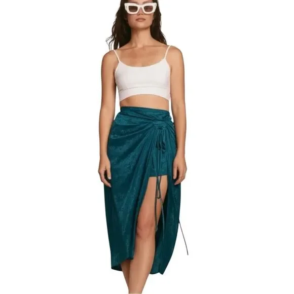 Band of the Free Celene Deep Teal Floral Layered Midi Skirt New L