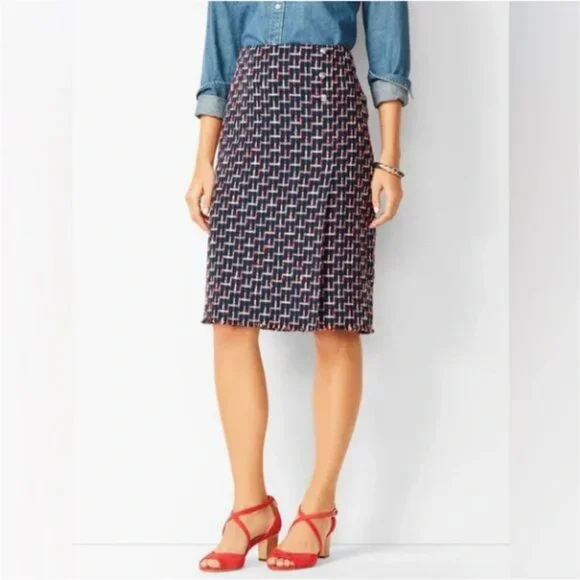 TALBOTS Boucle Tweed Knee Length Skirt Faux Wrap Buttons 10 NWT Fringe Navy Blue