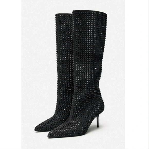 Zara Black Pointed Toe Rhinestone heeled knee high boo Size 39