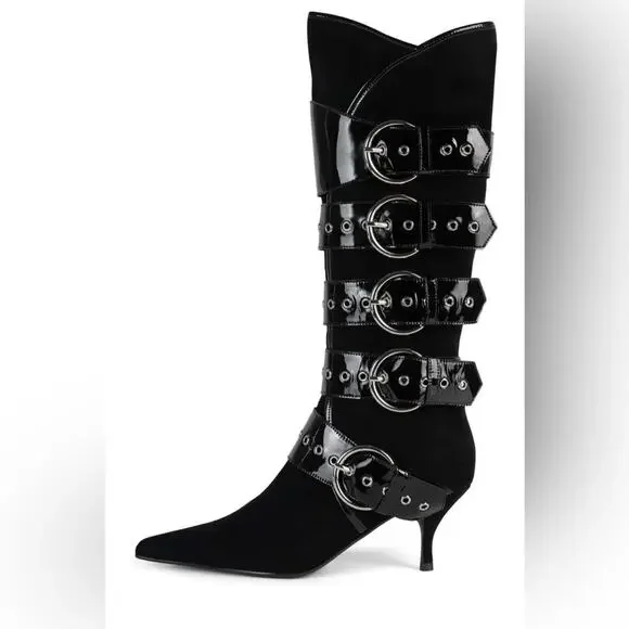 Jeffrey Campbell Seatbelt Black Suede Black Patent Buckle Heel Boots