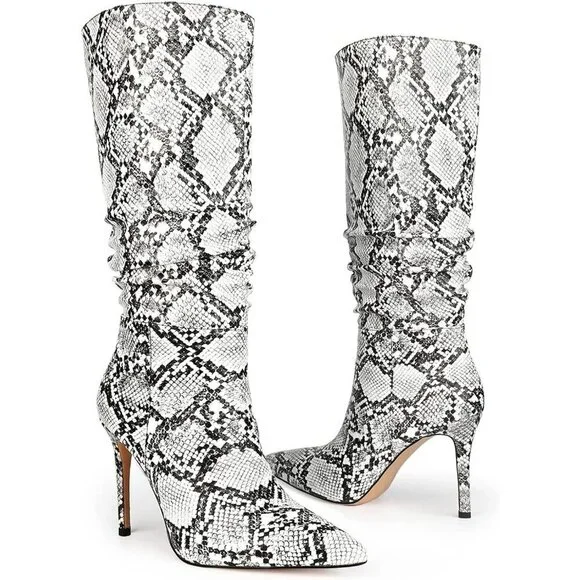 Women Snakeskin PU Knee High Exquisite Pointed Toe Fine High Heels Pleated Boots