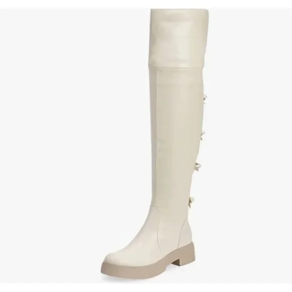 FSJ White Over The Knee Boots Round Toe Side Zipper Low Block Heel Long Booties