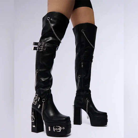 AZALEA WANG Black Leather Studded & Chain Over the Knee Block Heel Boots