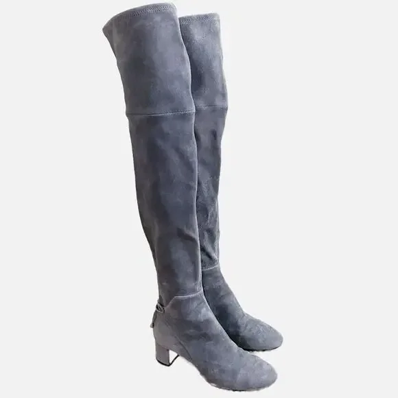 NWOB Tory Burch Gray Suede Over the Knee Boots Women's Sz 7 Side Zip Bow Detail