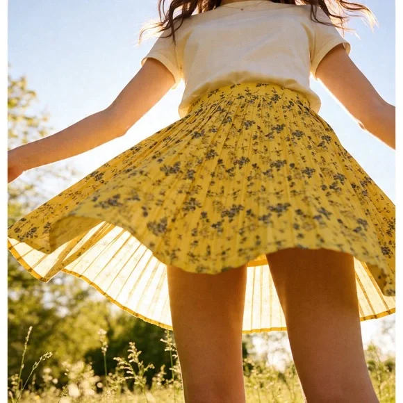 Chelsea & Violet | Women’s Pleated Yellow & Floral Mini Skort | L