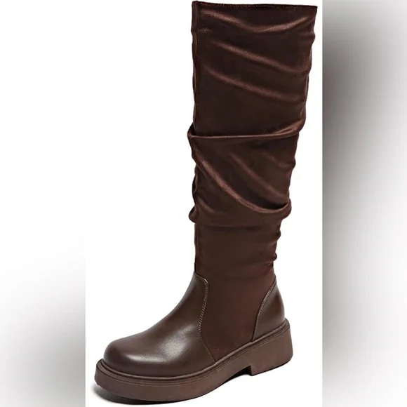 Women’s fashionable brown chunky heels riding boots with zipper size:8.5