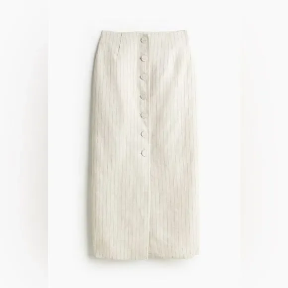 NWT H&M BUTTON-FRONT LINEN SKIRT Light beige/Pinstriped Size 10