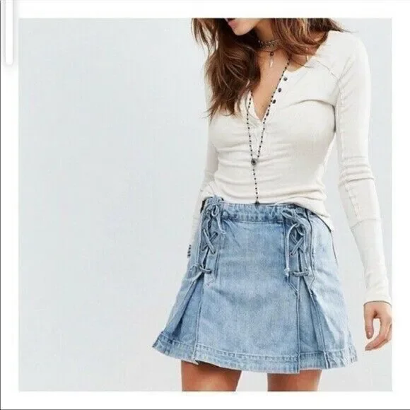 Free People Denim Lace Up Skirt in Light Denim-NWT