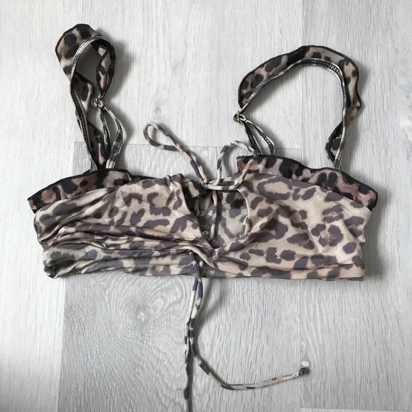 FRANKIES BIKINI TOP BROWN RUFFLE KEYHOLE FRONT WOMENS SMALL