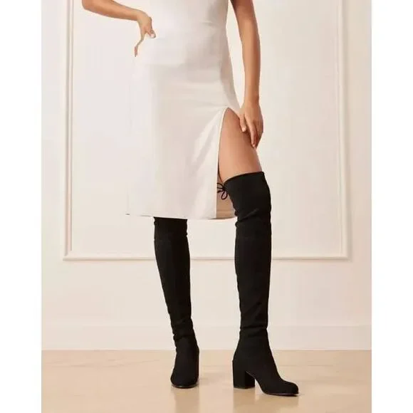 Stuart Weitzman Tieland Over The Knee Black Suede Boots Block Heel Size 6.5M