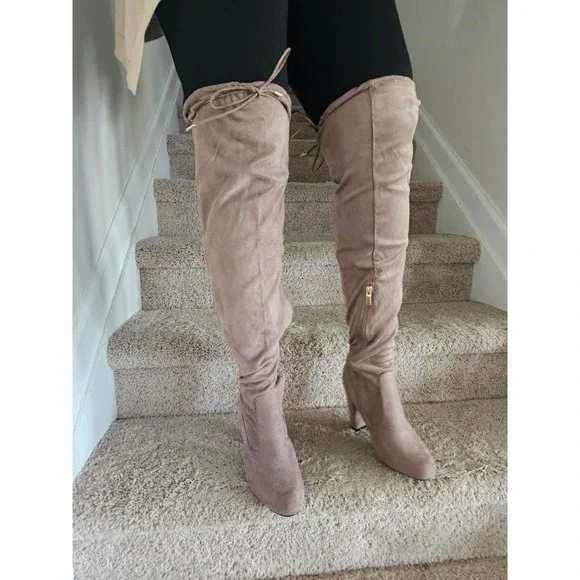 Taupe Over the Knee Boots Womens Sz 9 Thigh High Heeled Boots Nude Autumn Winter