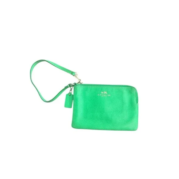 Coach Green Wristlet Small Pebbled Leather Corner Zip Wallet Purse