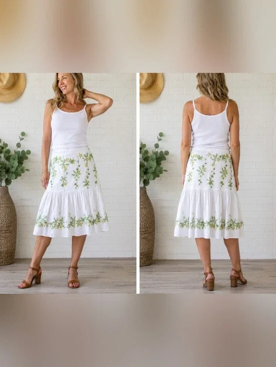 jh collectibles white floral embroidered beaded tiered skirt womens xl boho