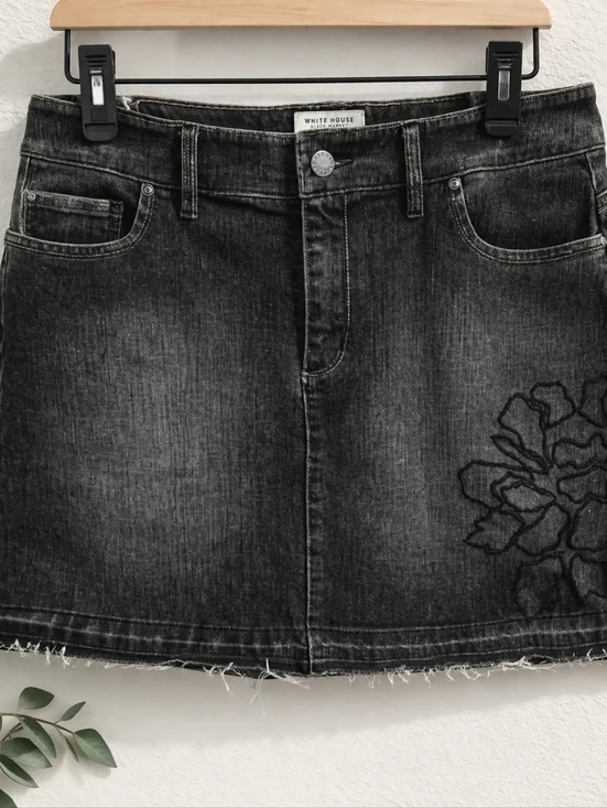 WHBM Black Faded Distressed Denim Jean Mini Skirt Embroidered Floral