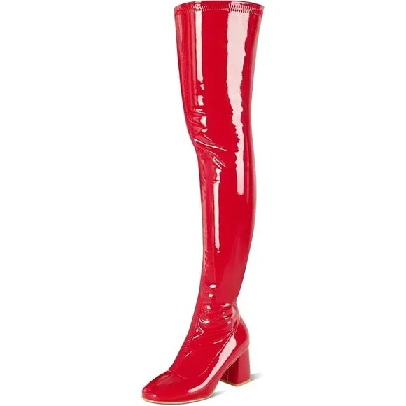 Women Red Patent Leather PU Chunky Heel Over The Knee Square Toe Long Boot