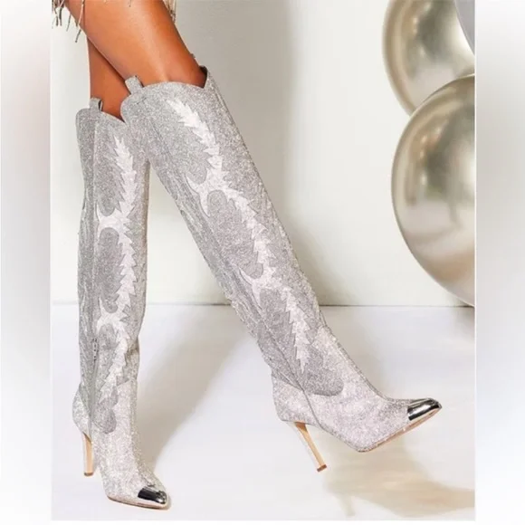 Gianni Bini Katyanna Rhinestone OTK Boots Silver NWT