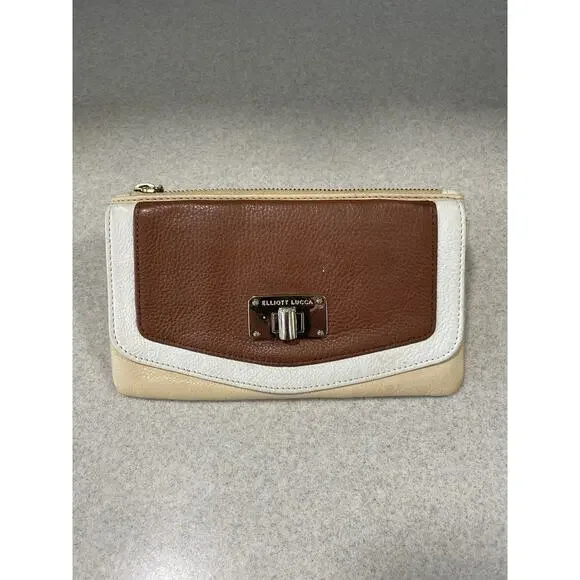 Elliott Lucca Pebbled Leather Envelope Clutch Wallet Turn Lock Purse Brown/Cream