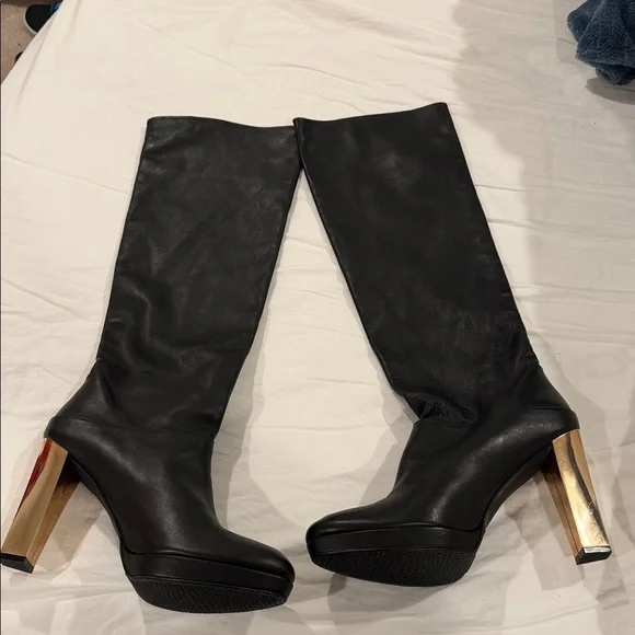 Stuart Weitzman Black leather Over-The-Knee Boots with Gold Block Heel