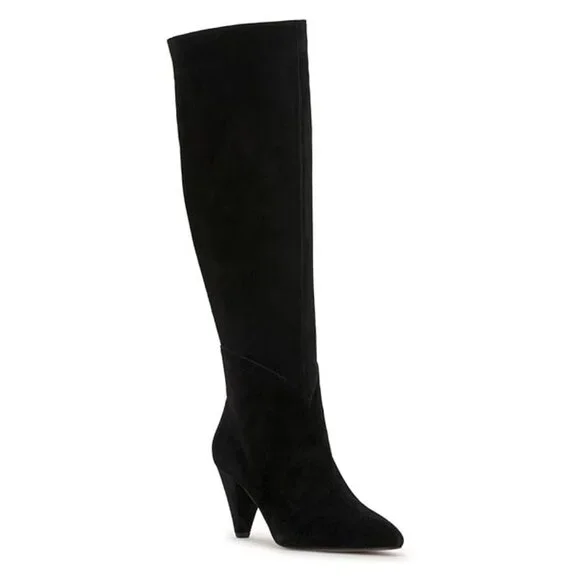 7.5 Tall Knee High Boot Black Leather Suede Cone Heel Pointed Toe Zip Bryle