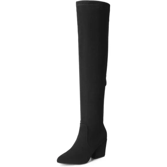Women Faux Suede Black-suede Chunky Blocked Heel Thigh High Pointed Toe Boots