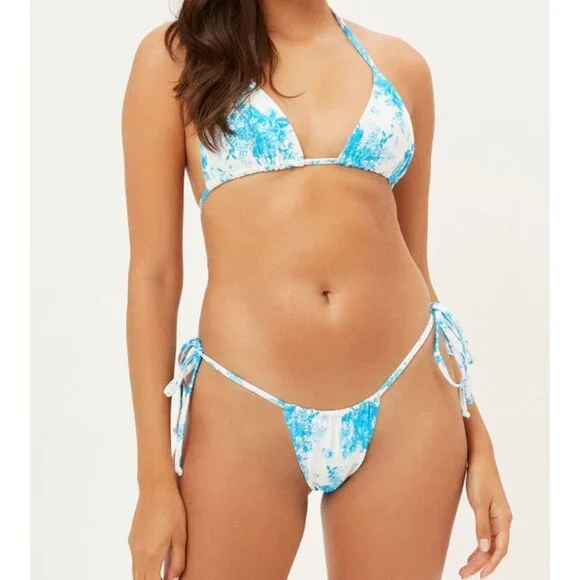Frankies Bikinis Two Set Triangle Ruched Blue Floral Print XS