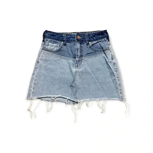 Pacsun‎ Womens Blue Colorblock Distressed Denim Mini Skirt Sz 23 Raw Edge Retro