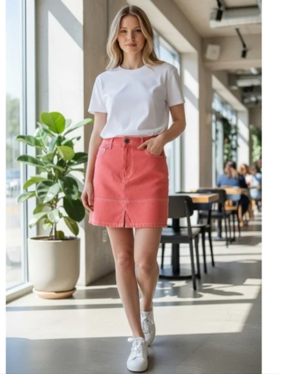 Wildfang Coral Denim Mini Skirt - Salmon Coral