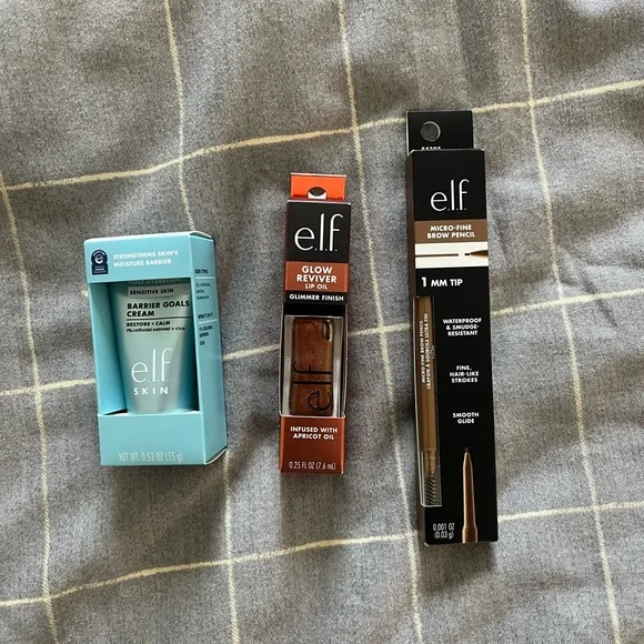 3 ELF Beauty Skin Bundle - Lip oil, Eyebrow Pencil, Moisturizer